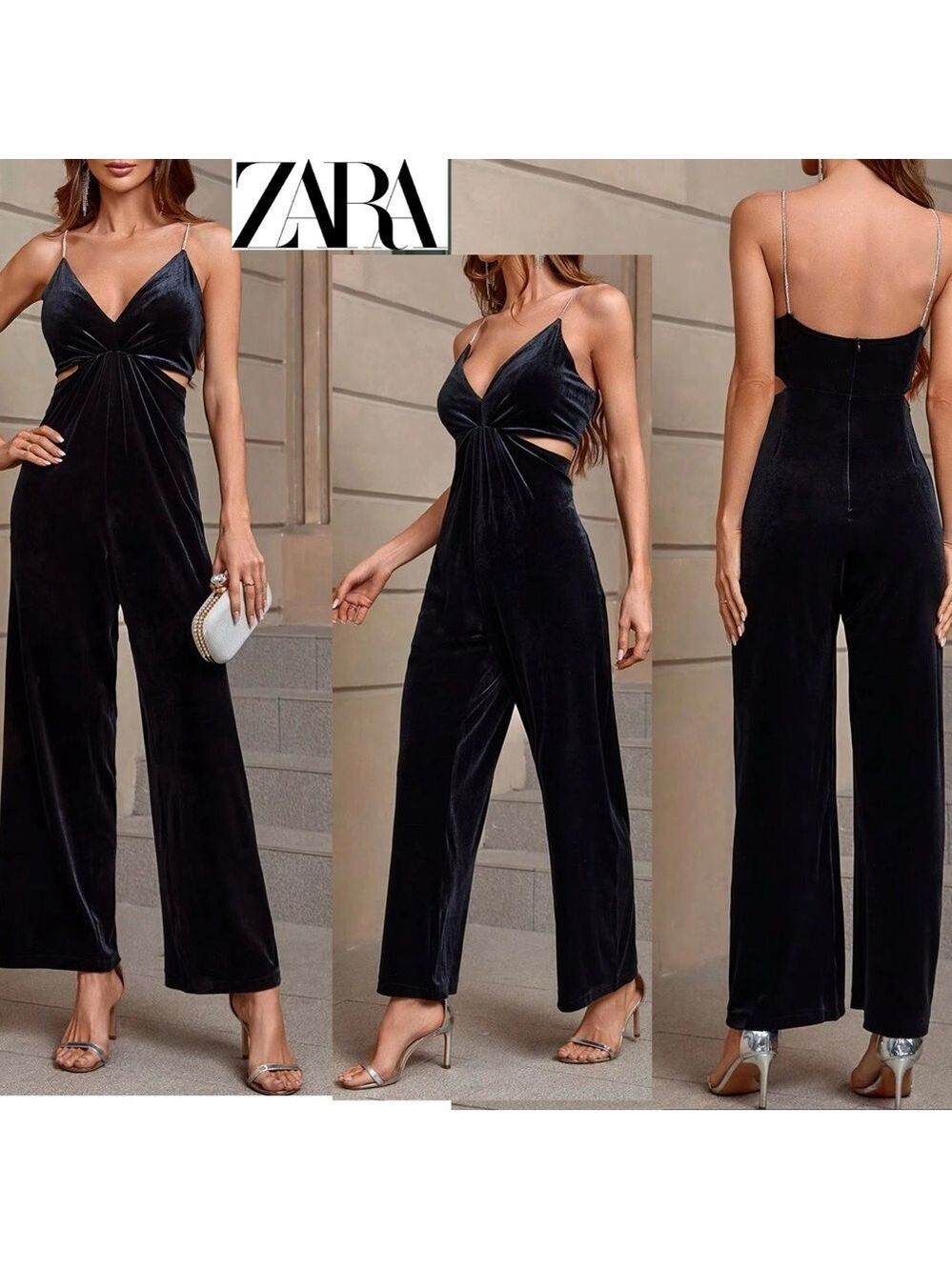 Zara Festive Days Black Velvet cut-out V-neck Jumpsuit crystal rhinestone strap